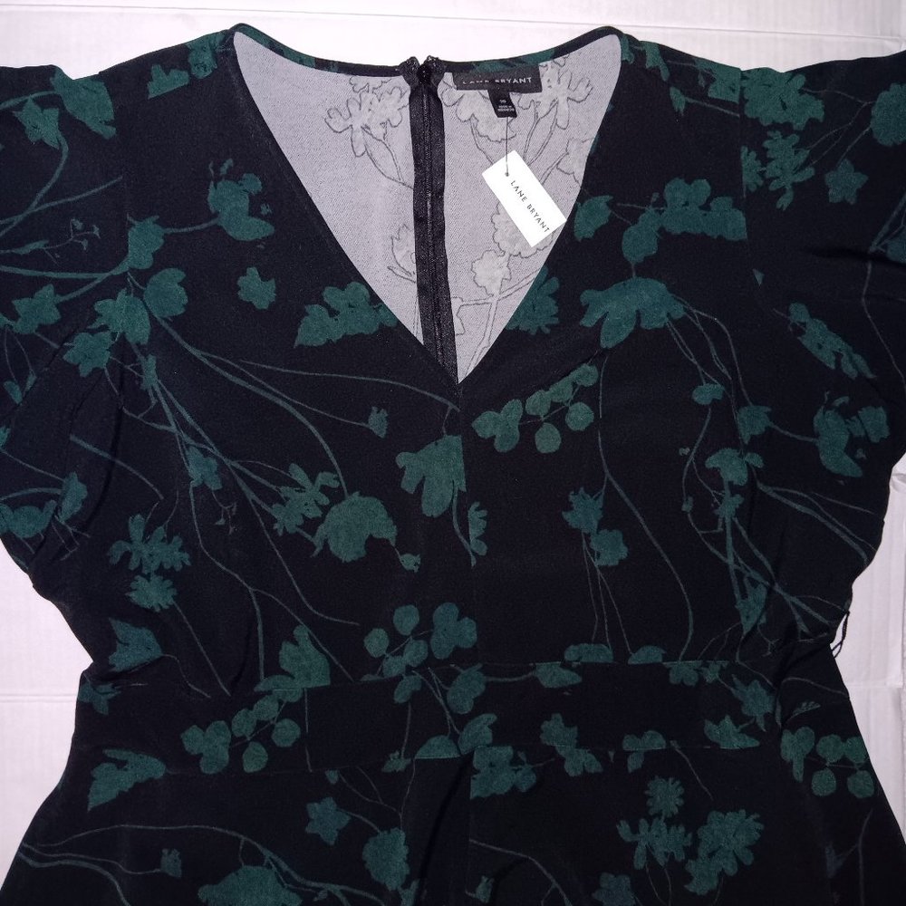 Lane Bryant Black Floral V-Neck Women's Dress - Green Print